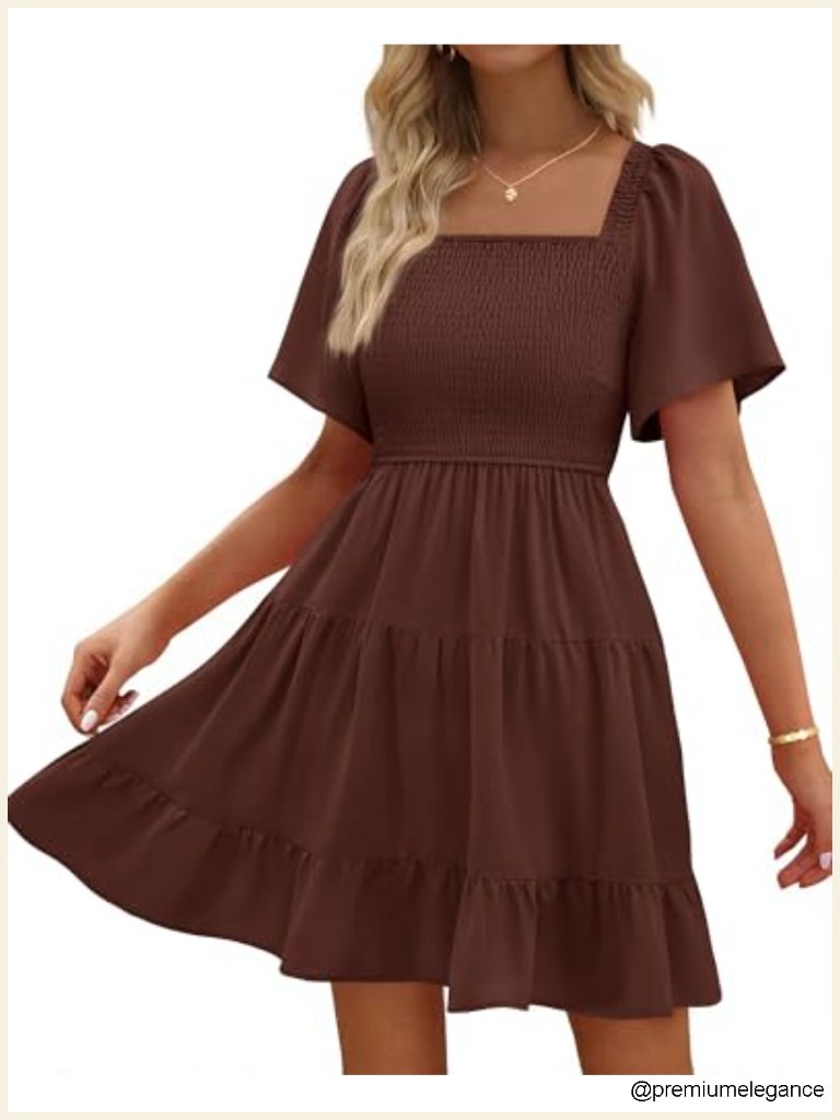 Womens Smocked Mini Dress Square Neck Flutter Sleeve Ruffle Swing Boho Beach